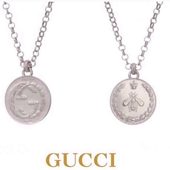 GG Gucci Reversible Coin Queen Bee Pendant Charm Necklace New Sterling Silver